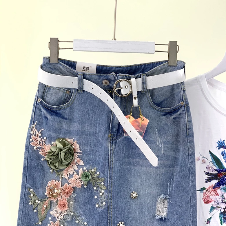 SexeMara/Новая Модная Джинсовая юбка с объемными пайетками и дырками, бесплатная доставка