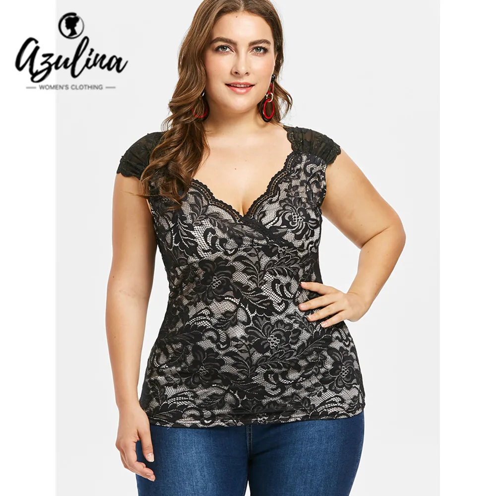 

Rosegal Plus Size Floral Lace Two-Tone Tank Top Summer V Neck Ruch Shoulder Cap Sleeve Women Tanks Ladies Tops Big Size Clothes