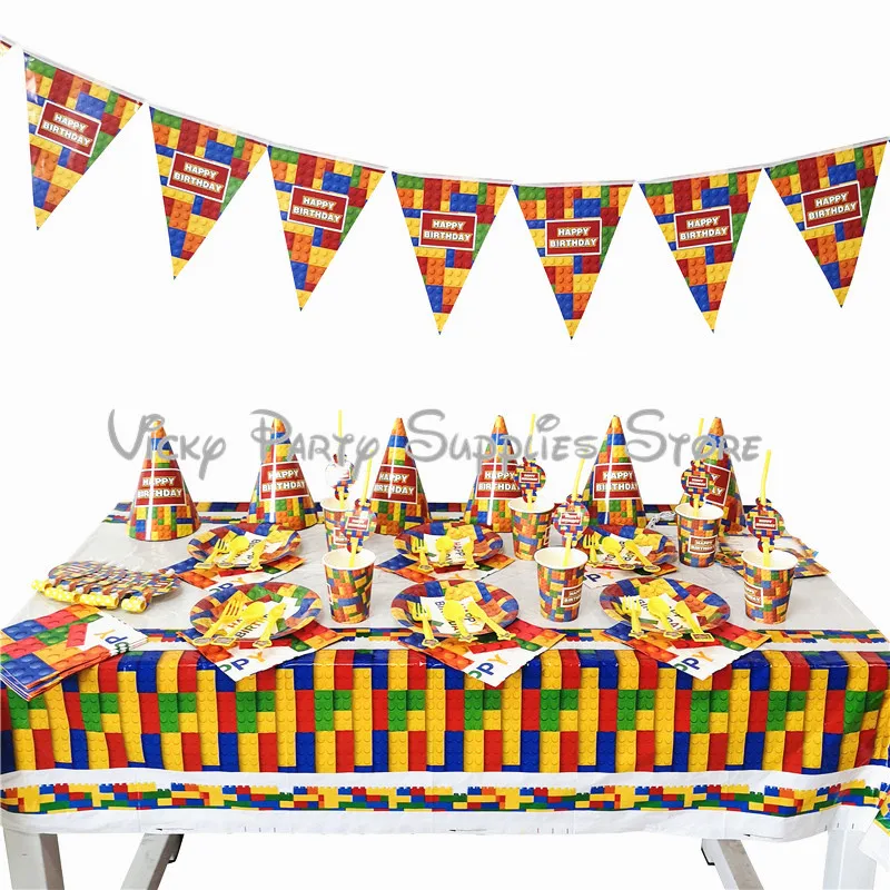 

75pcs/lot Kid's Toy Building Blocks Disposable Tableware Lattice Happy Birthday Baby Shower Cup Plate Party Decoration Supplies