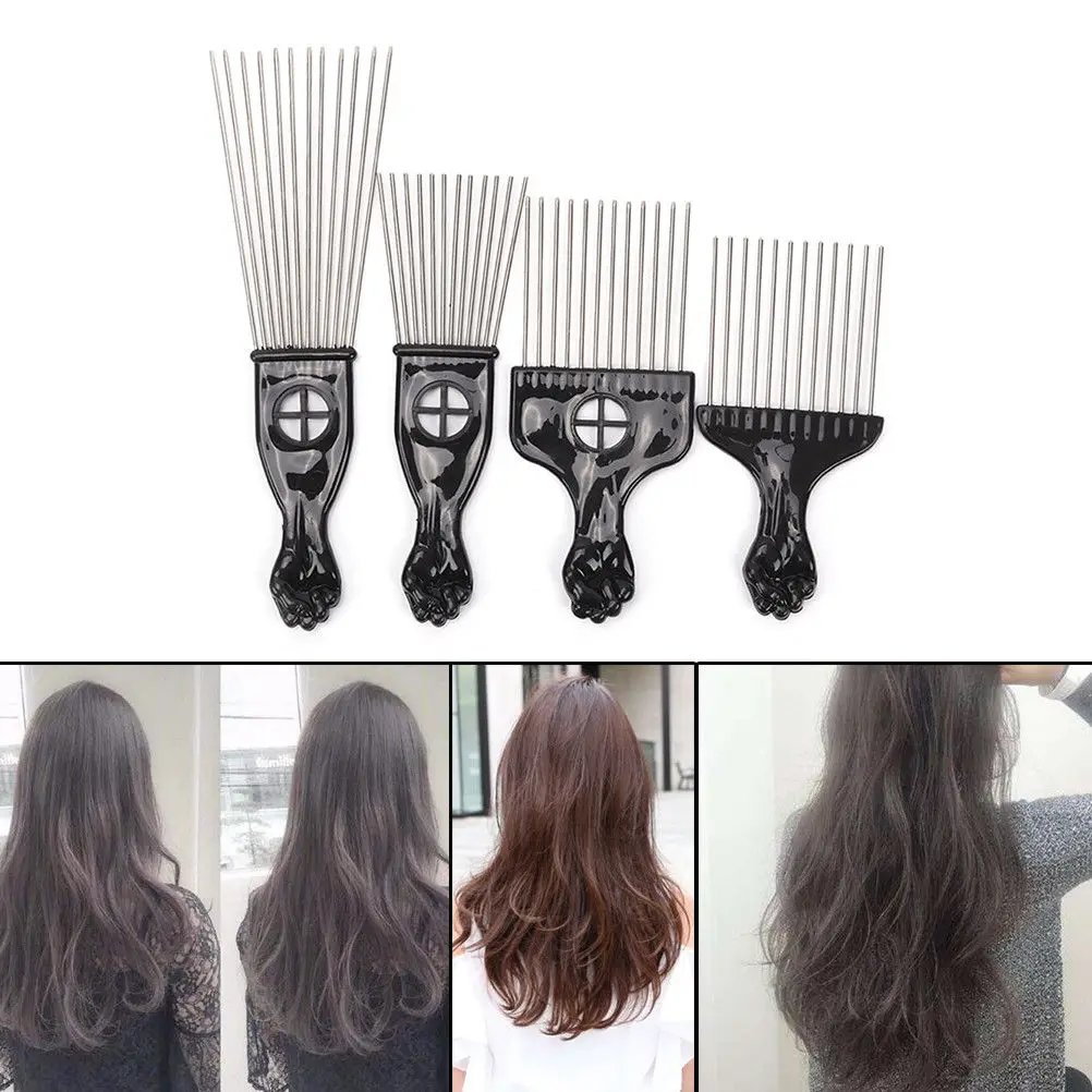 Fist Shape Handle Hairdressing Brush Styling Tool Wide Teeth Metal Afro Comb Insert Curly Hairbrush Hair Fork Pick | Красота и