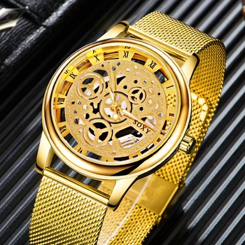 

Top Brand Skeleton Watches Men Watch Fashion Gold Wrist Watch Men Steel Mesh Men's Watch relogio masculino relojes para hombre