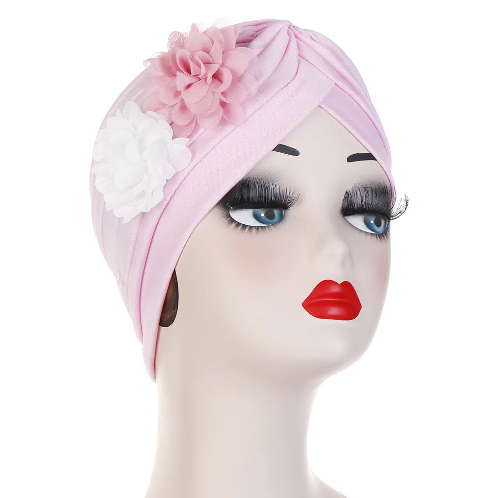 Hat Muslim Women Two Flower India Hat Muslim Ruffle Cancer Chemo Beanie Turban Muslim Head Scarf Wrap Cap c0411