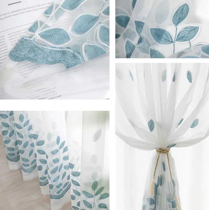 Blue Four-leaf Clover Embroidery Tulle Curtains For Living Room Sheer Panels White Voile Curtains For Bedroom Kitchen M099#4