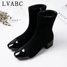 Новая женская обувь ботильоны на высоком каблуке без застежки зимние растягивающиеся сапоги-носки элегантная обувь на высоком квадратном каблуке Женская обувь, большие размеры 32-44