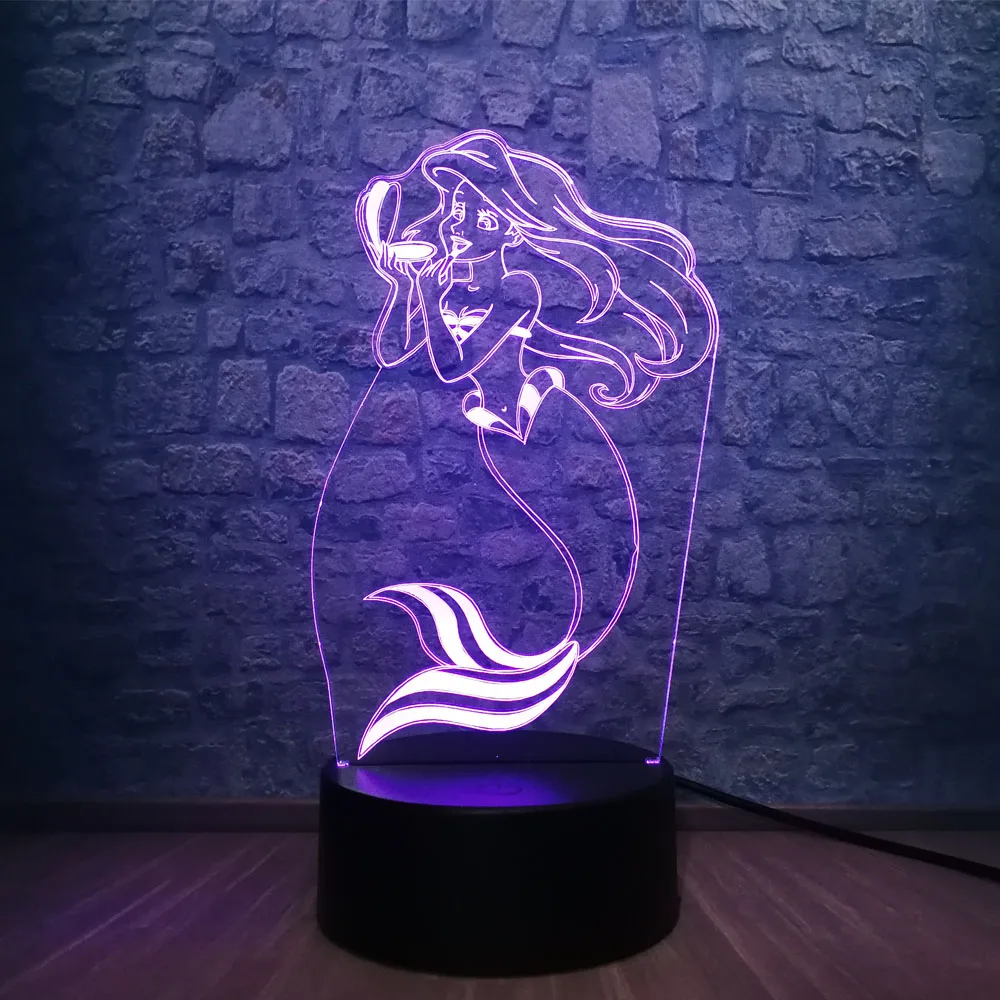 Сказочная Русалка принцесса 3D Светодиодная лампа RGB многоцветный 7 цветов