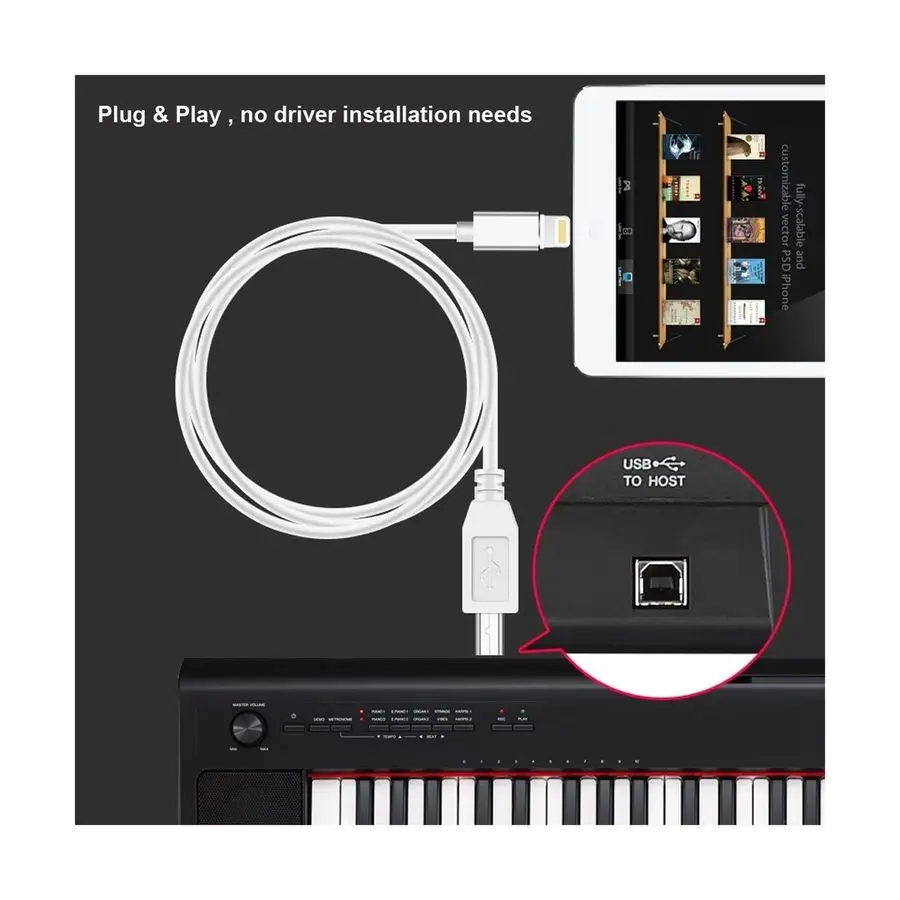  For L to Type-B MIDI Keyboard Converter USB 2.0 Cable for iPhone iPad X iPad