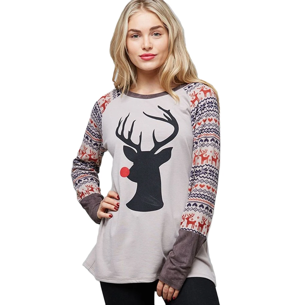 New Fashion Women T Shirt Christmas Reindeer Print O Neck Long Sleeve ...