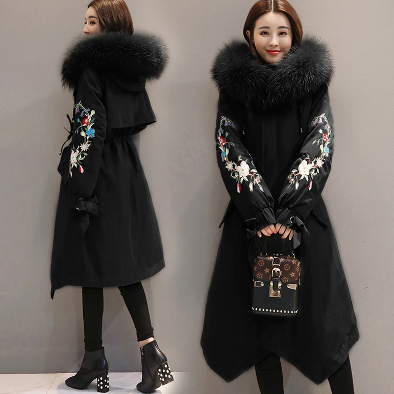 2018 Winter Jackets Women Embroidery Coats Big fur collar Hooded Down Jacket Warm Long Parka Women Thicken Cotton Jackets 1857
