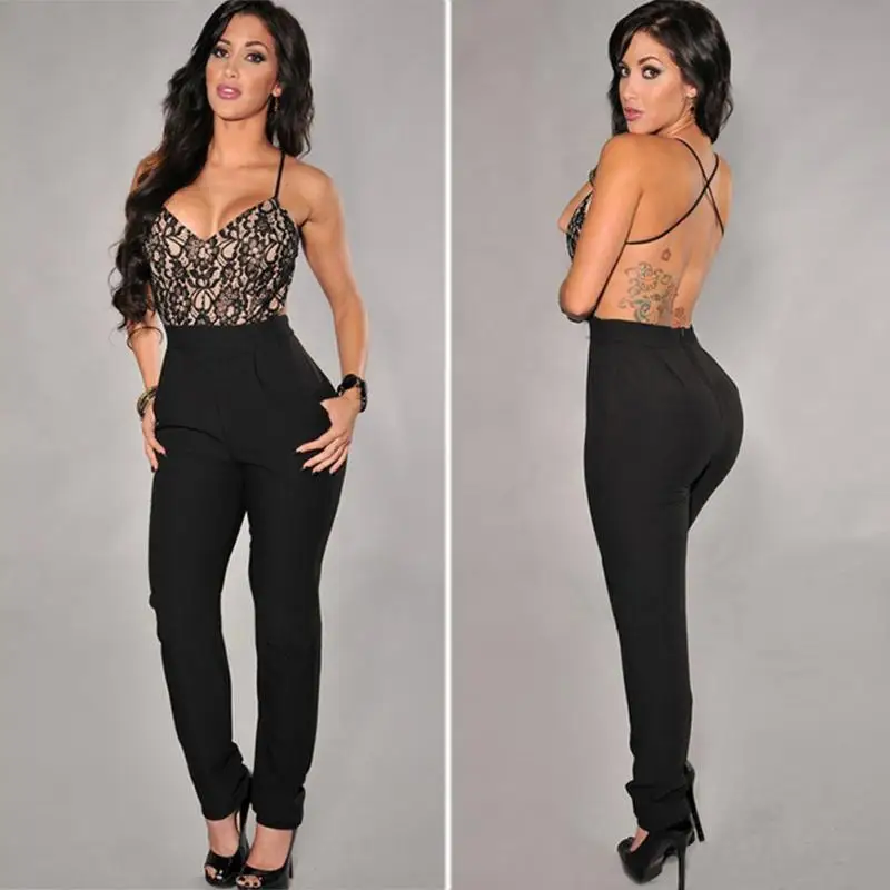 Sexy Women Backless Slim Jumpsuit V Neck Elastic Romper