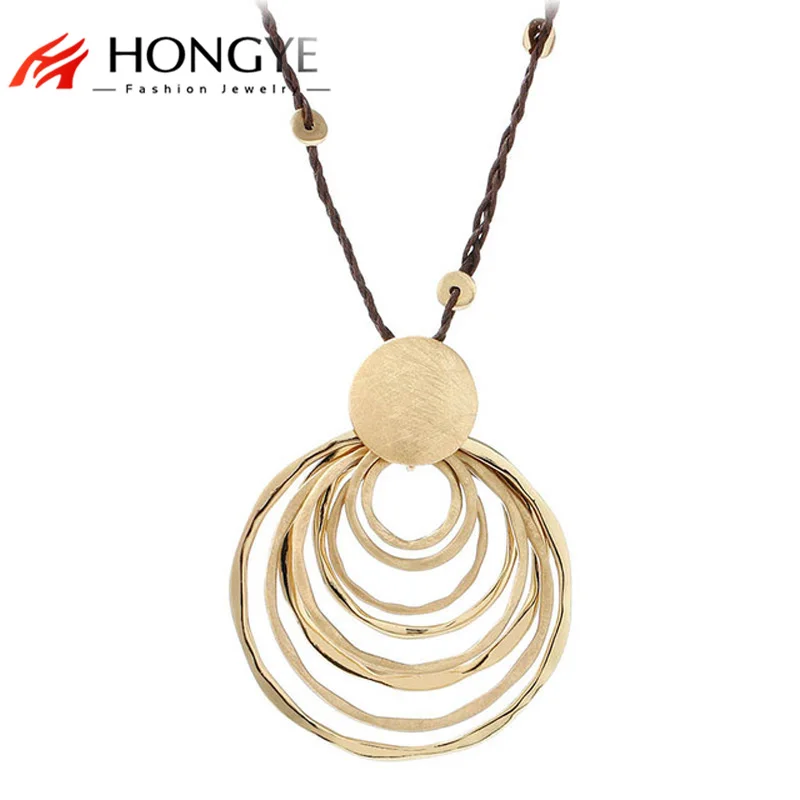 New Charms Long Rope Chain Necklace Jewelry Gold-Color Polishing Multi-Circle Round Pendant Necklace Women Collares Largos