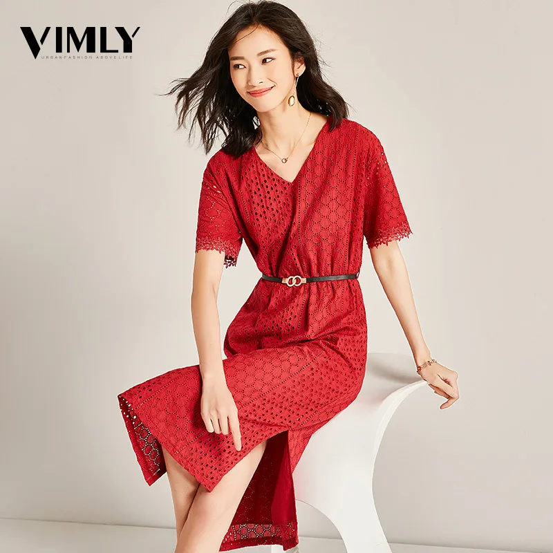 Женское кружевное платье Vimly белое/красное средней длины с треугольным вырезом и