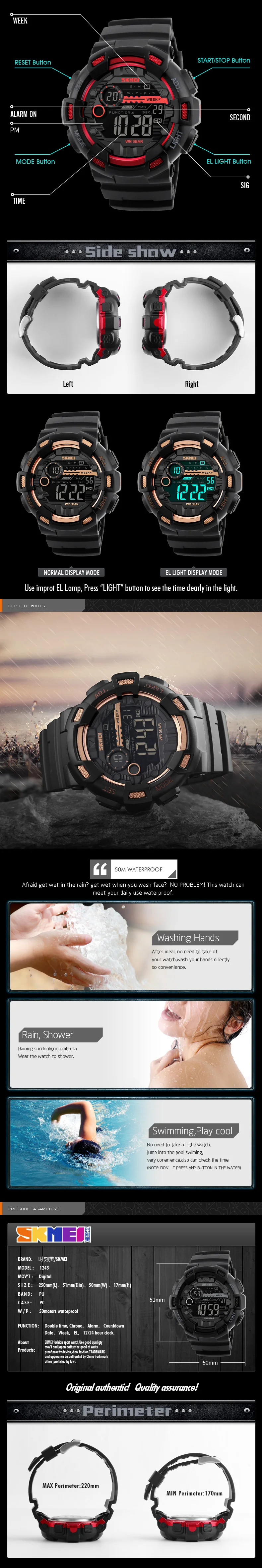 SKMEI мужские спортивные цифровые часы с двойным временем, водонепроницаемые, задний светильник, цифровые часы с хронографом, противоударные наручные часы