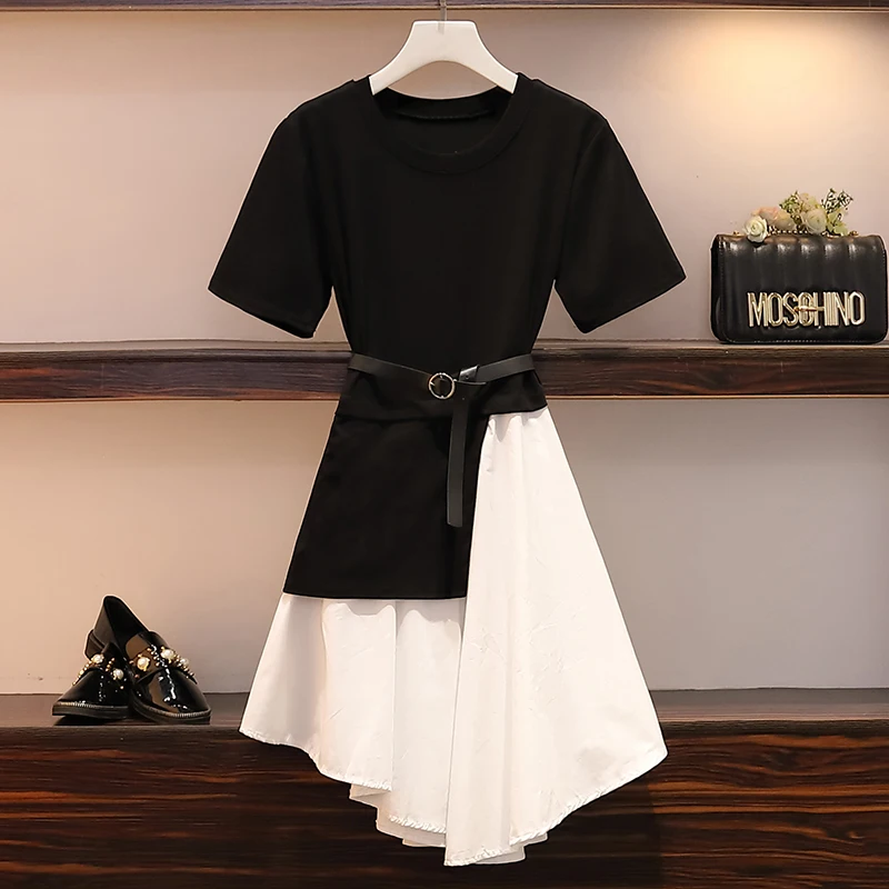 

Designer Runway Summer Dress Fashion Irregular Patchwork T Shirt Dress Women's High Waist Short Sleeve Work Dress Plus Size