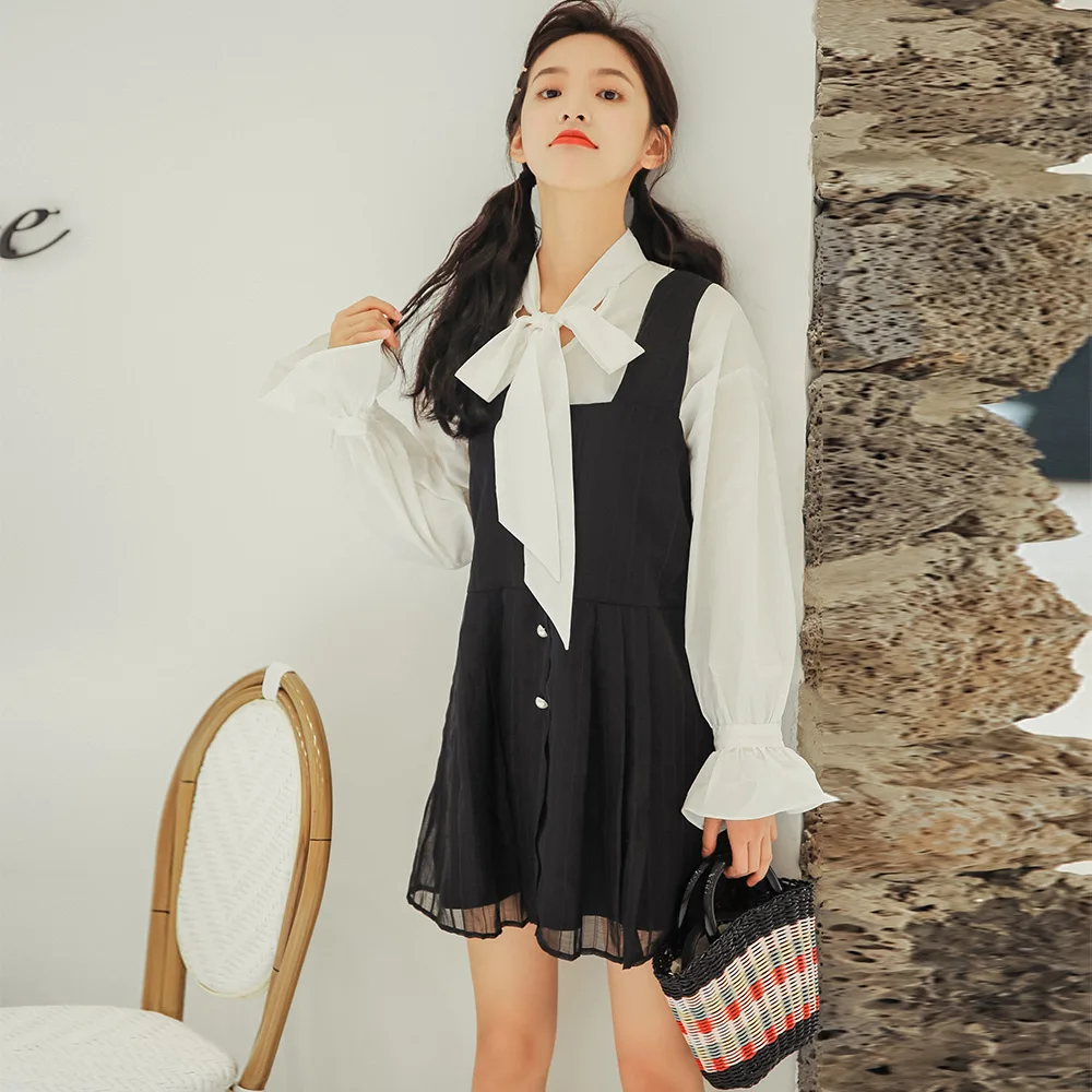 

Pengpious white chiffon shirt long flare sleeves bow knot with strap black dress mini length for fairy girls sweet women set