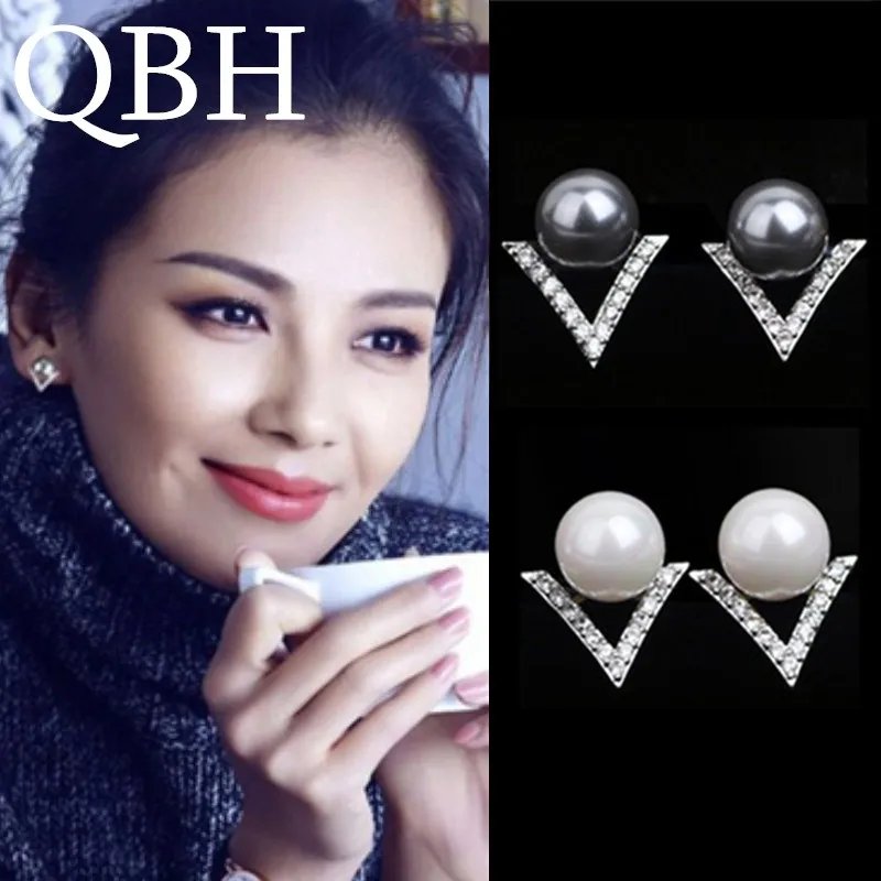 

EK437 New Elegant Simulated Pearl Stud Earrings for Women Jewelry V Shape boucle d'oreille Brincos Cute Crystal Pendientes