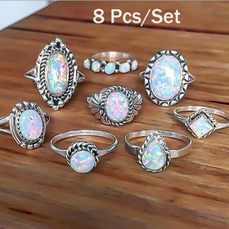 

Vintage Ring Sets for Women Bohemian Silver Color Opal Stone Statement Rings Finger Jewelry 2018 New