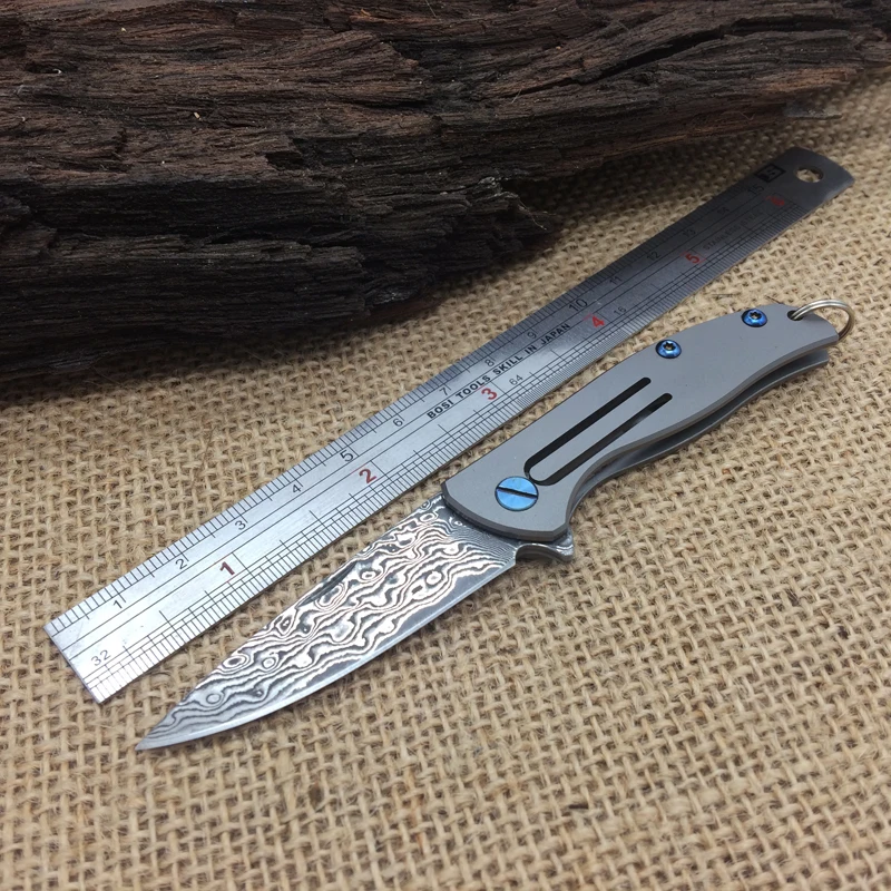High Quality Mini Titanium Key Folding Knife Damascus Blade Small