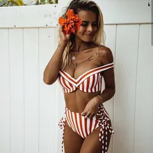 Летний женский набор бикини полосатый пуш-ап купальник купальный костюм купальник с высокой талией пляжная одежда