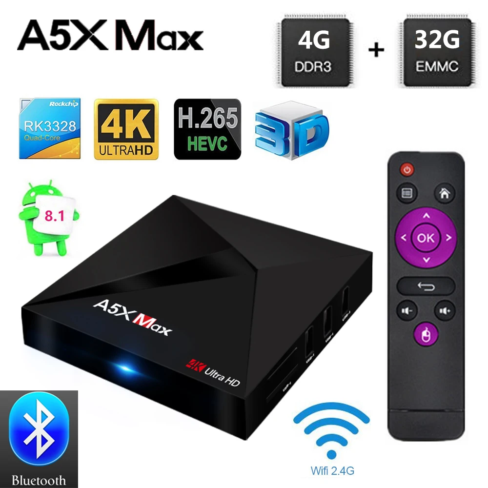 

A5X MAX Android 8.1 TV Box RK3328 4GB RAM 32GB ROM USB 3.0 2.4GHz WiFi Bluetooth Media Player 4K HD Smart Set Top Box PK X96