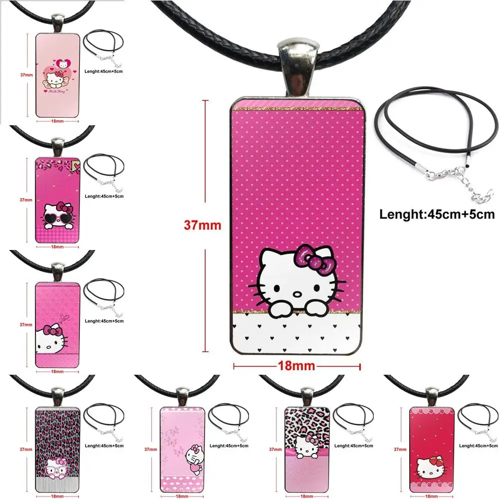 

For Women Fashion Jewelry Glass Cabochon Pendant Necklace Rectangle Fashion Necklace Hello Cat Kitty Cat Pattern