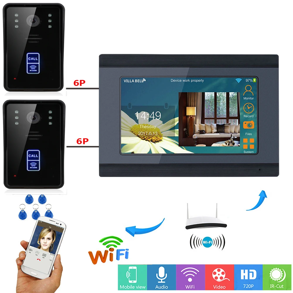 SmartYIBA приложение управление RFID видеодомофон дюймов 7 дюймов Wifi беспроводной видеодомофон дверной звонок Дверной телефон система 2 камеры 1
