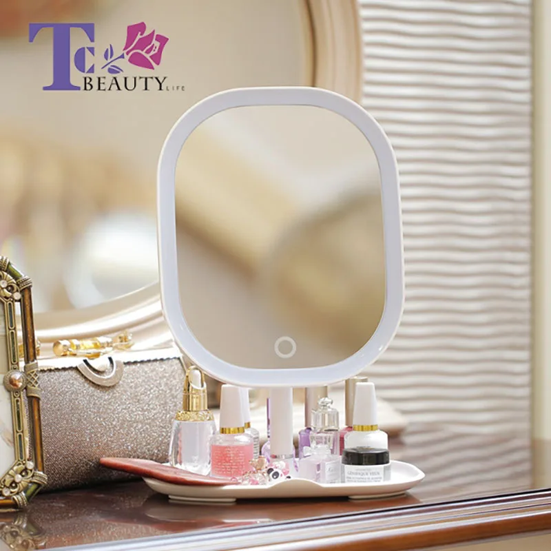 

LED Makeup Mirror With Light 5X Magnifyiny Portable Desklamp Rechargeable Touch Screen Cosmetic Mirror Multifuntional Storage