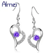 Almei дропшиппинг серебро Цвет серьги в виде капель с Фиолетовый и прозрачный Кристалл камнями серьги в виде сердец для Для женщин фианит ювелирные изделия R123