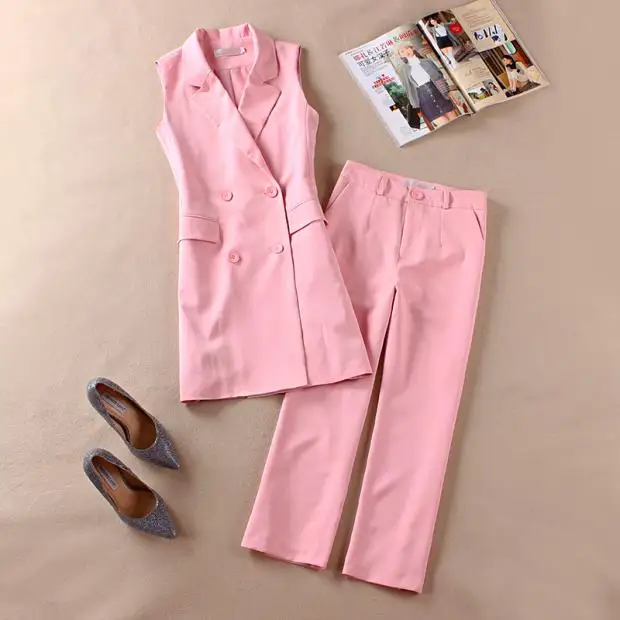 

Pink long section of the Spring and Autumn new Women Korean two-piece suit vest spring wide leg pants suit