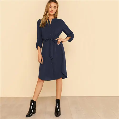 COLROVIE темно-синее однотонное платье-рубашка с рукавами и поясом для работы, женское платье, осеннее платье на пуговицах для офисных леди, Базовые платья - Цвет: Navy