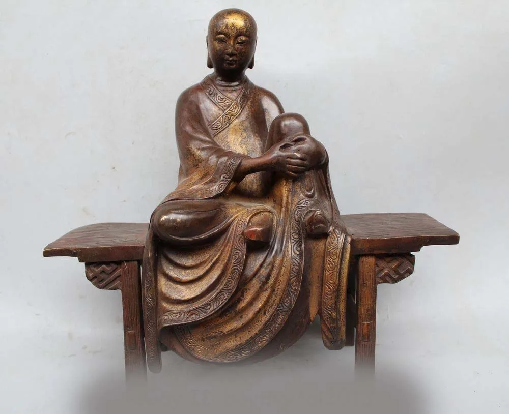 

15"Tibet Buddhism Bronze Kshitigarbha arhat Buddha Sit on wooden stool statuary