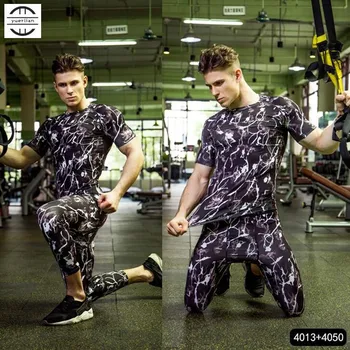 

100p! Men Fitness Sets Tight T-shirt+Calf-Length Pants,High Elastic Breathing Quick-dry Wicking Hip-Hop Sporting Shirt+7' Shorts