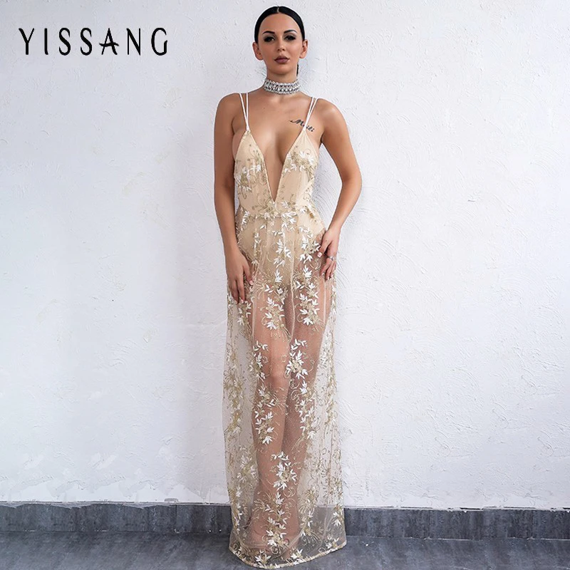 Yissang Elegant V Neck Maxi Beach Full Sexy Dress Embroidery Long Backless Floor Length Party Dresss Sleeveless Vestidos