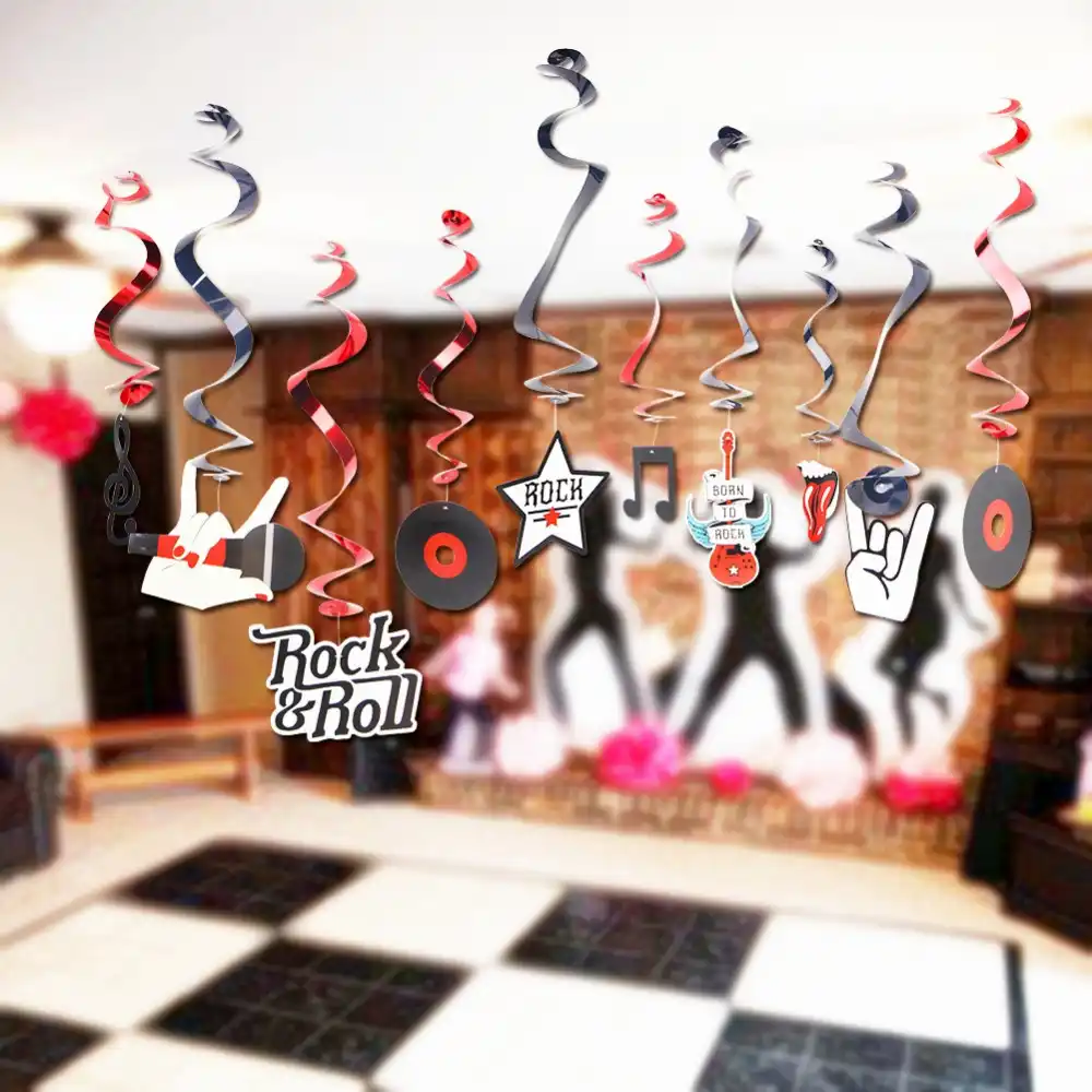 10pc Pkg Rock Metallic Foil Hanging Swirls Rock N Roll Whirls