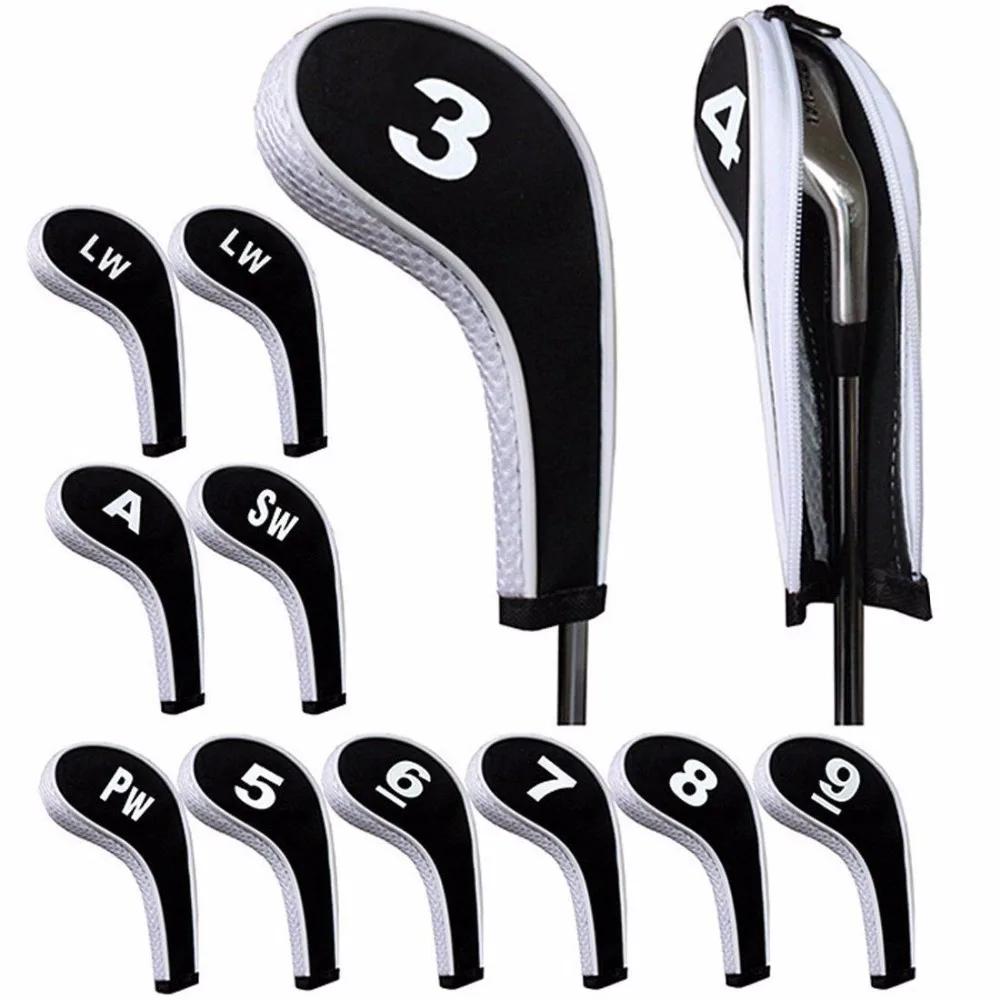 12pcs/set Black G o l f Hybrid Club Iron Head Covers with Zipper Long