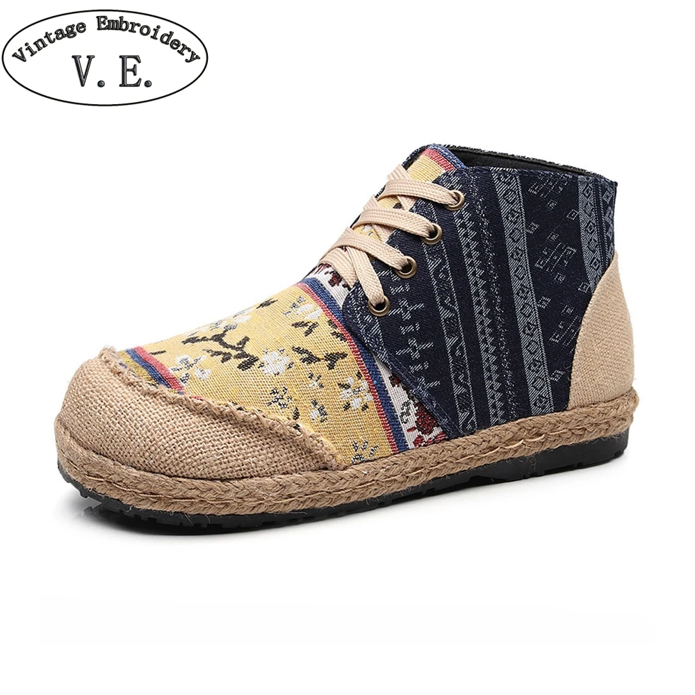 

Spring Flat Shoes Women Round Toe Handmade Straw Platform Shoes Cotton Linen Cloth Single National Woven Lace Up Flats