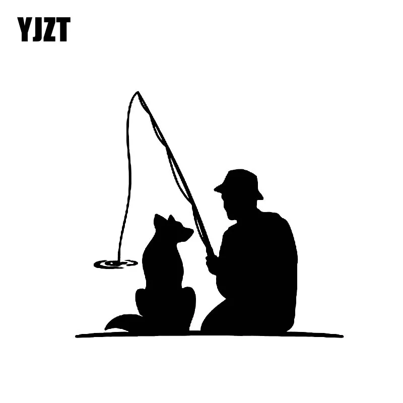 

YJZT 16.9cm*15.6cm Fisherman With Dog Pet FISHING Fun Vinyl High-quality Decor Decals Car Sticker Black Silver C11-0177