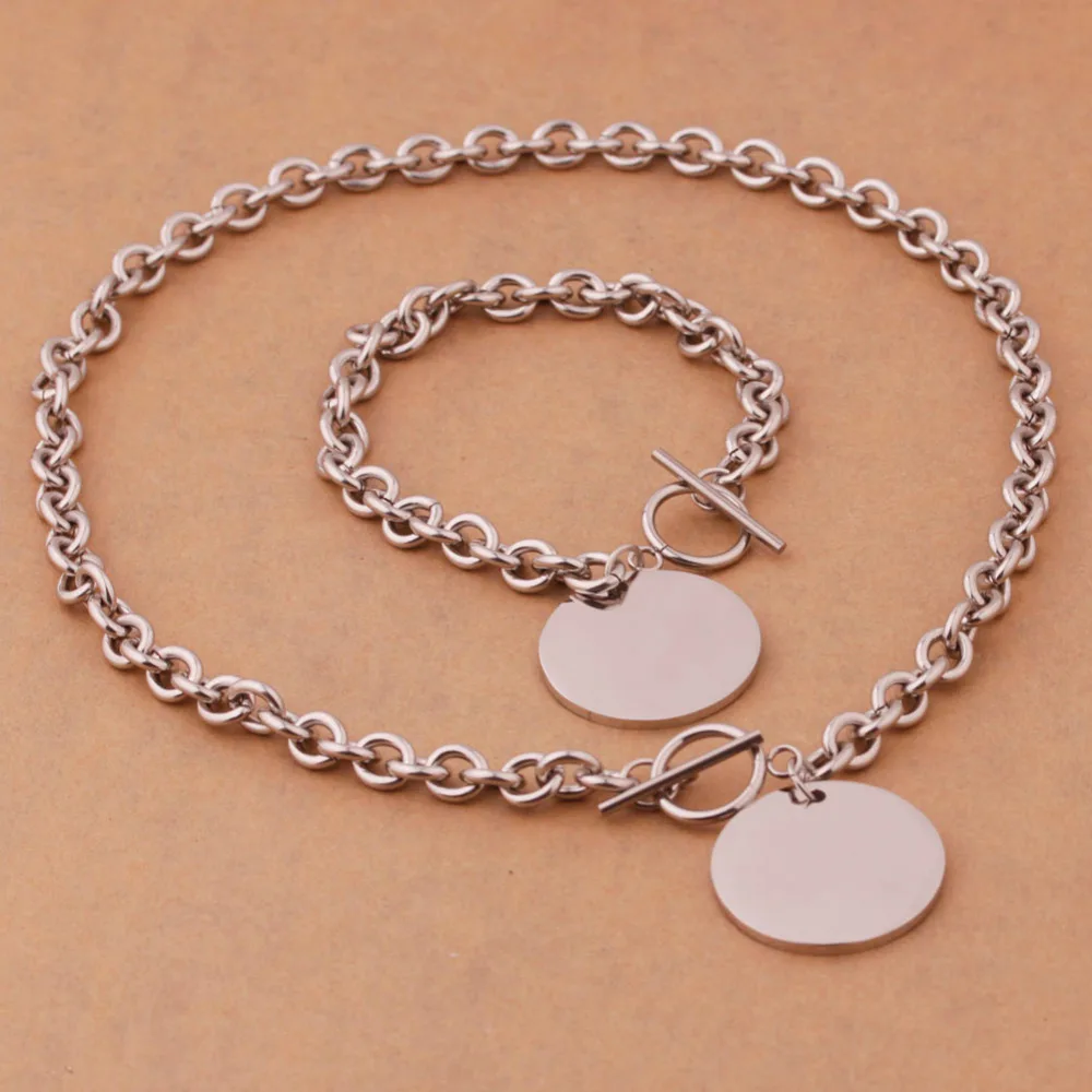 Модные ювелирные изделия женские серебро Нержавеющая сталь серебро Роло цепь круглый медальон ожерелье с подвесками браслет набор