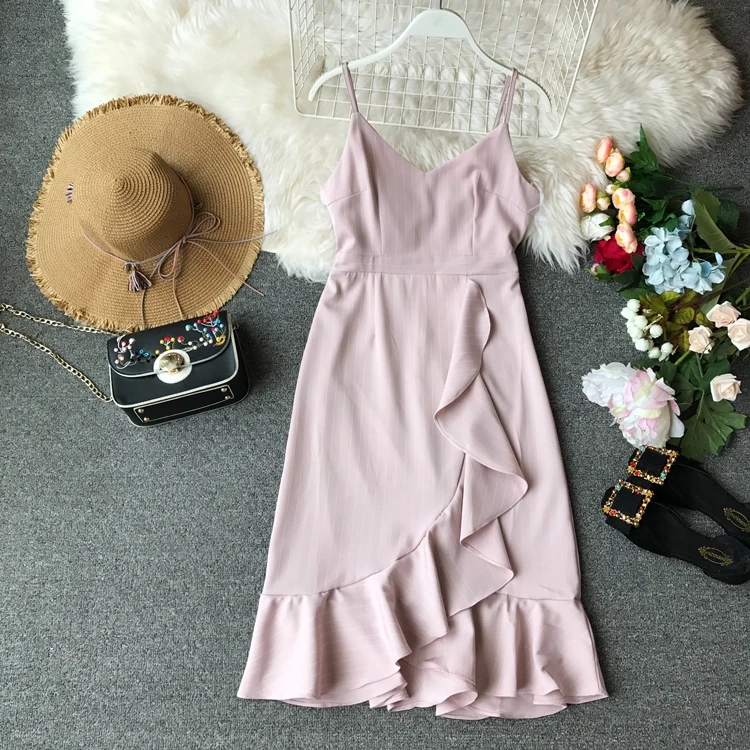 ALPHALMODA Полосатое летнее платье на тонких бретельках, приталенное асимметричное Плиссированное ТРАПЕЦИЕВИДНОЕ женское летнее платье - Цвет: Розовый