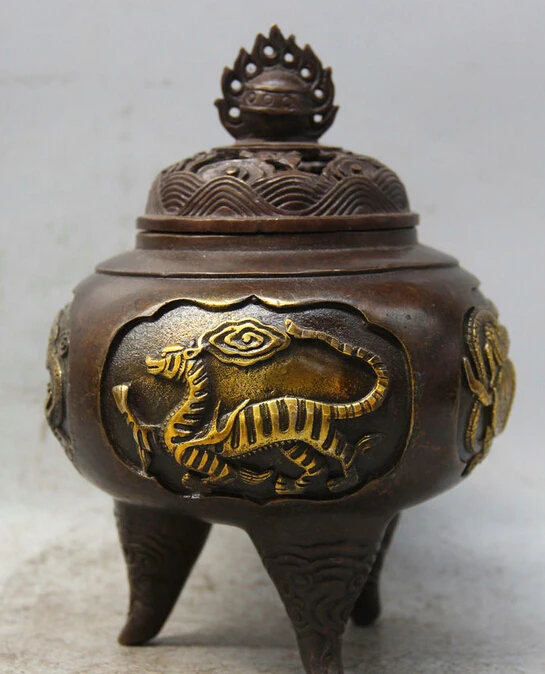 

6" Marked China Dynasty Bronze Gild 3 Foot Four Big Beast Incense Burner Censer R0710