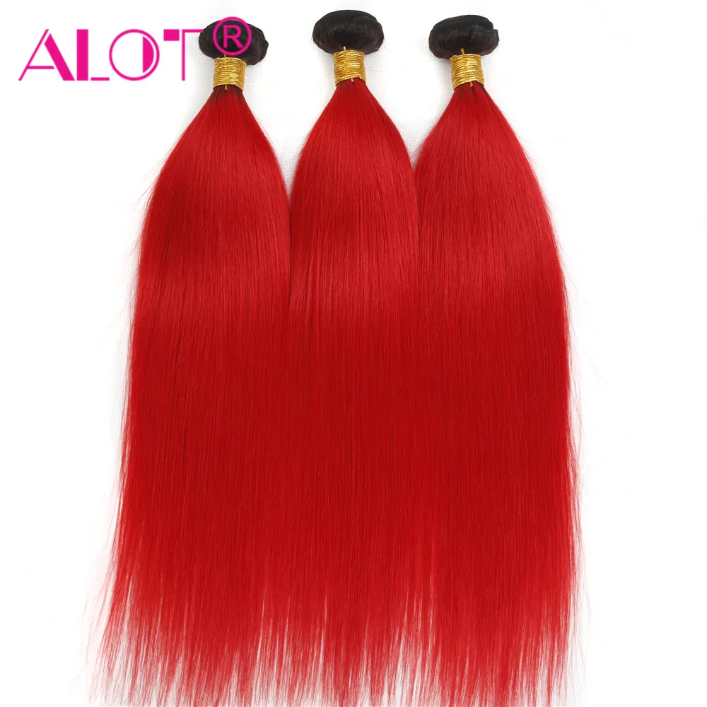 ALOT Pre Colored Brazilian Staright Human Hair Bundles Deal Ombre Straight Human Hair Extension T1b/Red Non Remy Human Hair