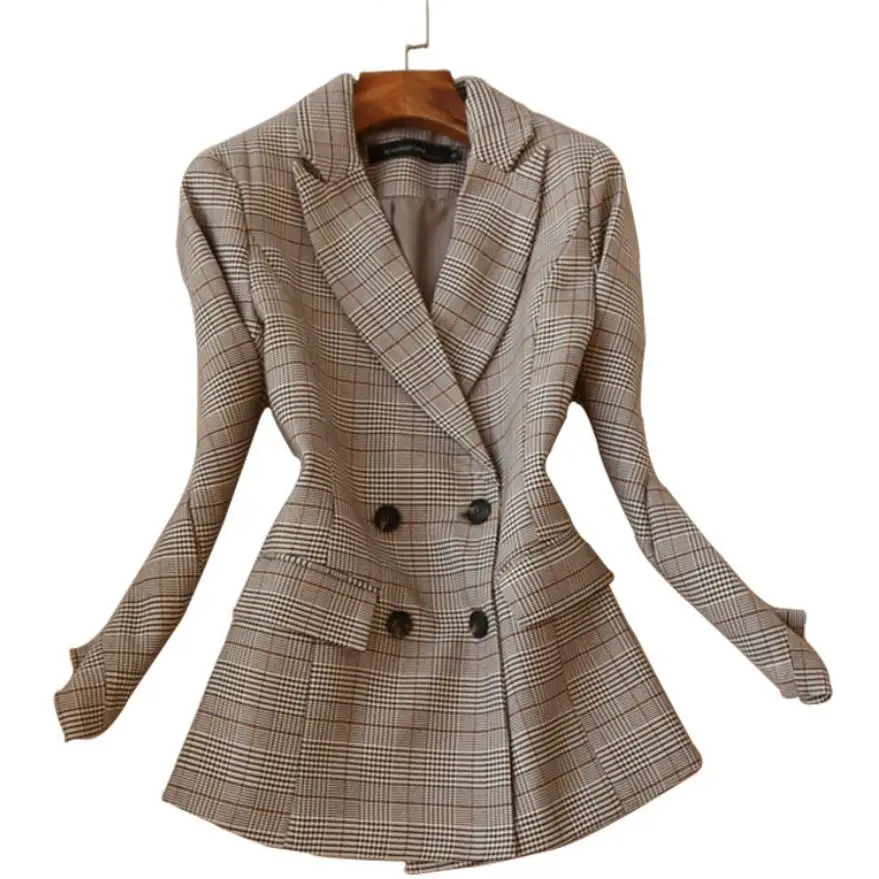 

2019 apring new fashion wool blends plaid office lady slim doubla breasted notched collar woolen blazer coat women