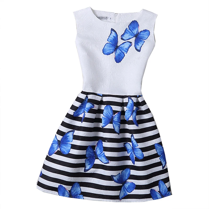 Элегантные платья для девочек-подростков; платье без рукавов с бантом и бабочкой для девочек на День рождения; Vestidos; Детские Платья с цветочным рисунком; детская одежда - Цвет: bluebutterfly