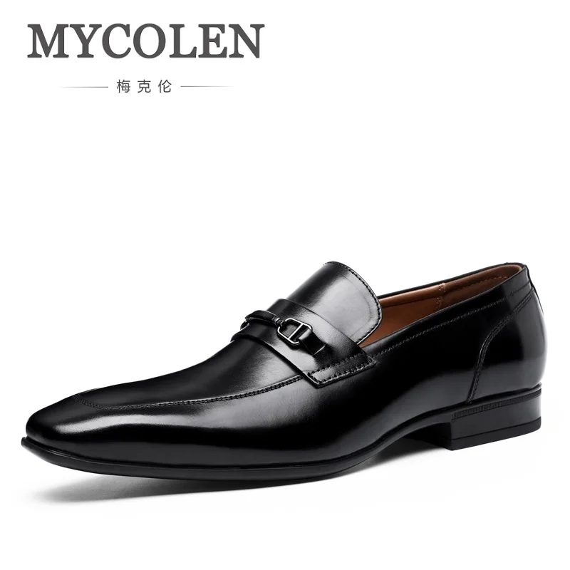 

MYCOLEN Spring Men Dress Shoes Brand Genuine Leather Casual Slip-On Male Business Wedding Shoes Square Toe Men Formal Shoes