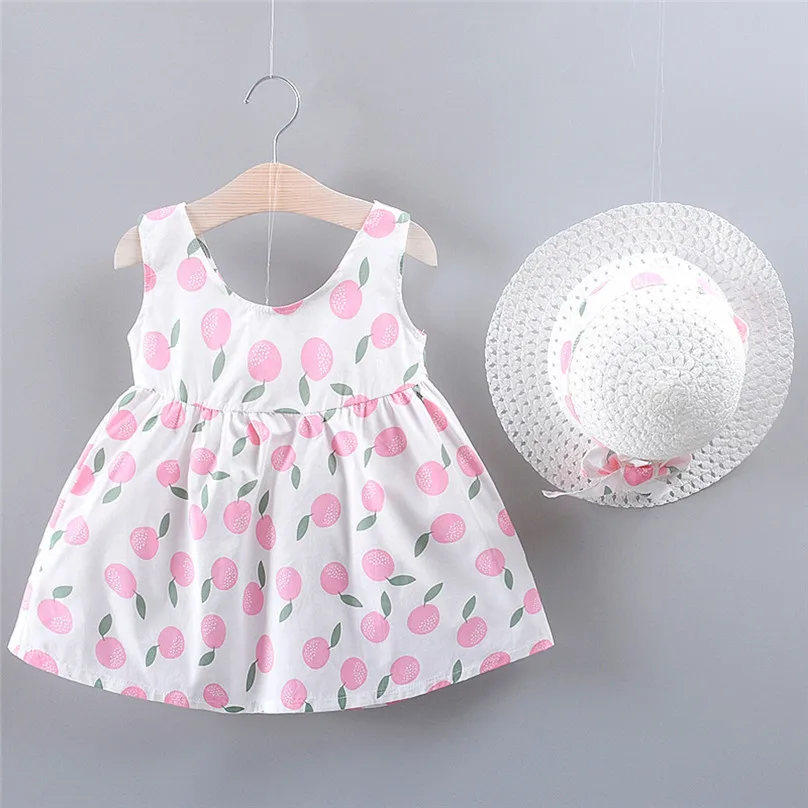 

Toddler Baby Kids Girls Summer Fruit Lemon strawberry pineapple Princess Dresses Hat Casual Outfits Set Summer Beach Dress4JJ