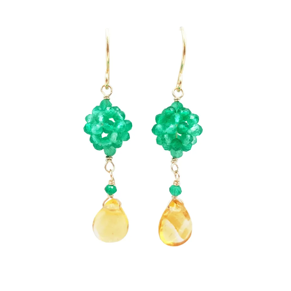 

LiiJi Unique Natural Stone Green Onyx,Citrines 925 Sterling Silver Yellow Gold Drop Earring