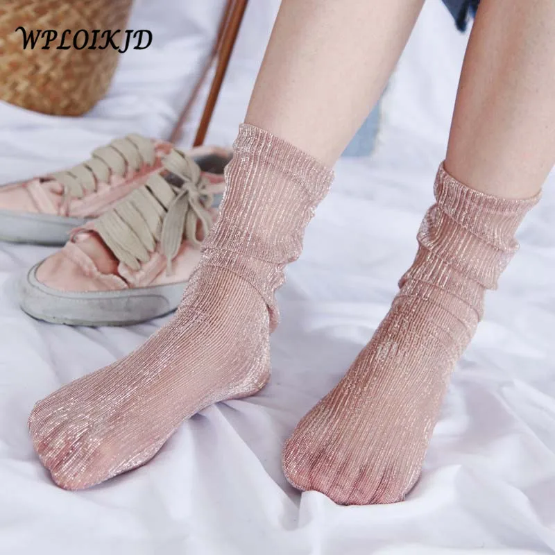 

[WPLOIKJD]Korean Fashion Socks New Arrival Shiny Transparent Socks Gold Silver Silk Women Art Shine Femme Calcetines Mujer Sox