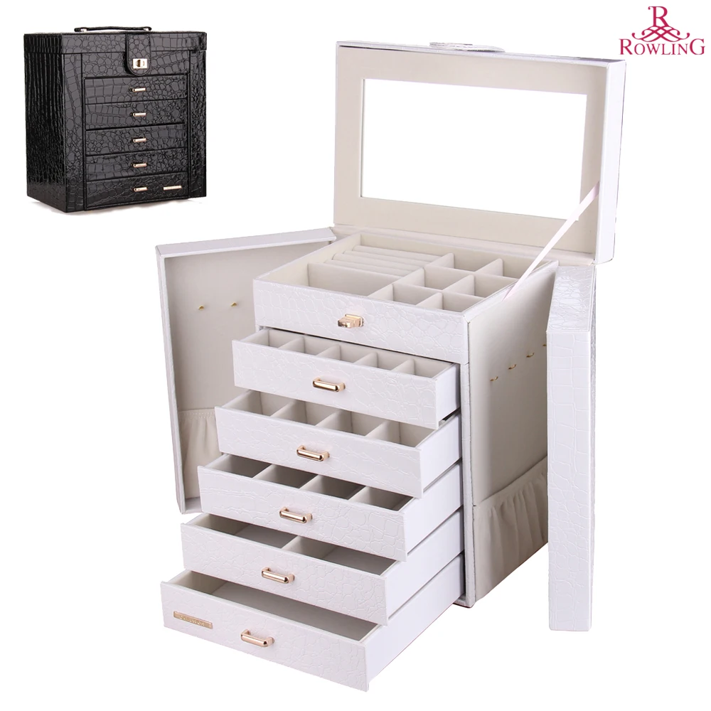 Large Jewelry Box Watch Case Beads Earrings Rings Jewelry Armoire Storage Case Black White Pink Leather Trinket Organizer ZG231