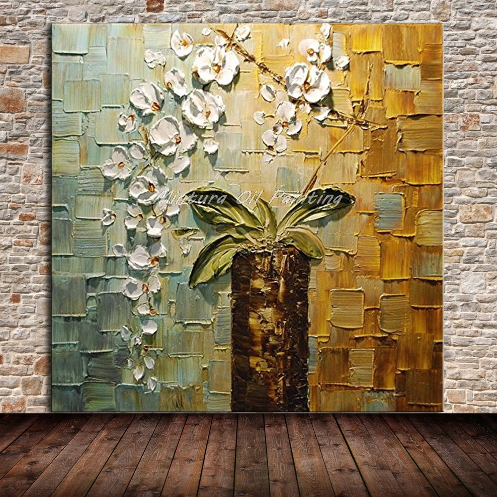 

Hand-painted modern abstract home decoration living room wall art picture white orchid flower palette knife canvas oil painting