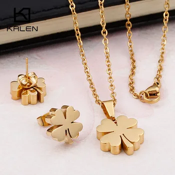 Kalen Four Leaf Clover Pendant Necklace Earrings Sets For Women Gold Stainless Steel Choker Fashion Jewelry Sets Women jewellery