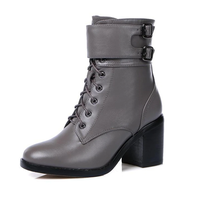 women autumn shoes leather 2015 new arrival concise zip ankle boots metal buckles square high heels short motorcycle | Обувь